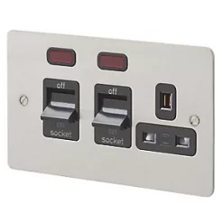 Wholesale 🌟 MK Edge 45A 2-Gang DP Cooker Switch & 13A DP Switched Socket Brushed Stainless Steel with Neon with Black Inserts 😍