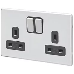 New ⭐ MK Aspect 13A 2-Gang DP Switched Plug Socket Polished Chrome with Black Inserts 👍