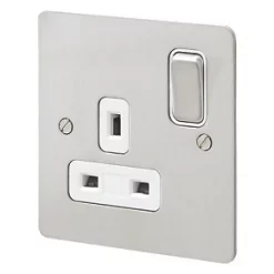 Best Sale 🔥 MK Edge 13A 1-Gang DP Switched Plug Socket Brushed Stainless Steel with White Inserts ✨