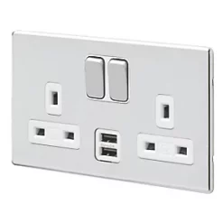 Flash Sale 🧨 MK Aspect 13A 2-Gang DP Switched Socket + 2A 2-Outlet Type A USB Charger Polished Chrome with White Inserts ✔️