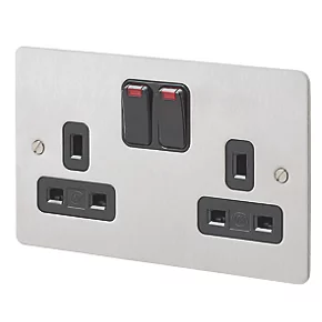 Brand new ???? MK Edge 13A 2-Gang DP Switched Plug Socket Brushed Stainless Steel with Neon with Black Inserts ???? 3 Brand new ???? MK Edge 13A 2-Gang DP Switched Plug Socket Brushed Stainless Steel with Neon with Black Inserts ????