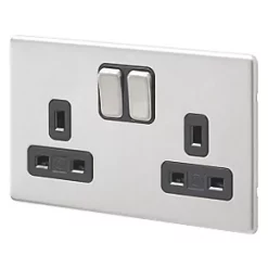 Cheapest 🛒 MK Aspect 13A 2-Gang DP Switched Plug Socket Brushed Stainless Steel with Black Inserts 🔥