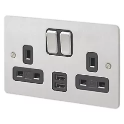 Buy 💯 MK Edge 13A 2-Gang DP Switched Socket + 2A 2-Outlet Type A USB Charger Brushed Stainless Steel with Black Inserts 🔔