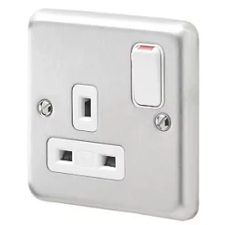 Promo 😉 MK Albany Plus 13A 1-Gang DP Switched Plug Socket Brushed Stainless Steel with White Inserts 🛒