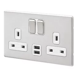 Deals 🤩 MK Aspect 13A 2-Gang DP Switched Socket + 2A 2-Outlet Type A USB Charger Brushed Stainless Steel with White Inserts 🤩