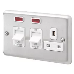 Best reviews of ❤️ MK Albany Plus 45A 2-Gang DP Cooker Switch & 13A DP Switched Socket Brushed Stainless Steel with Neon with White Inserts ⌛