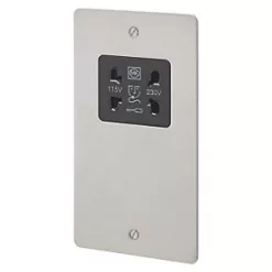 Best Pirce 🎉 MK Edge 2-Gang Dual Voltage Shaver Socket 115 / 230V Brushed Stainless Steel with Black Inserts 🔥