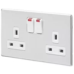 Cheap ⌛ MK Aspect 13A 2-Gang DP Switched Plug Socket Polished Chrome with Neon with White Inserts 👏