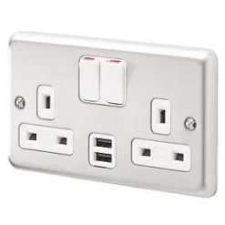Promo 🎁 MK Albany Plus 13A 2-Gang DP Switched Socket + 2A 2-Outlet Type A USB Charger Brushed Stainless Steel with White Inserts ✨