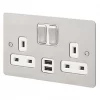 Budget 😉 MK Edge 13A 2-Gang DP Switched Socket + 2A 2-Outlet Type A USB Charger Brushed Stainless Steel with White Inserts ✨ -Deals Sockets Store 507HX P