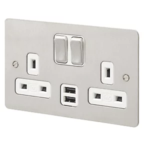 Budget 😉 MK Edge 13A 2-Gang DP Switched Socket + 2A 2-Outlet Type A USB Charger Brushed Stainless Steel with White Inserts ✨ 3 Budget 😉 MK Edge 13A 2-Gang DP Switched Socket + 2A 2-Outlet Type A USB Charger Brushed Stainless Steel with White Inserts ✨