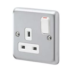 Cheap 🧨 MK Albany Plus 13A 1-Gang DP Switched Plug Socket Brushed Chrome with White Inserts 🧨