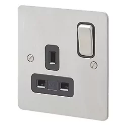 Hot Sale 🛒 MK Edge 13A 1-Gang DP Switched Plug Socket Brushed Stainless Steel with Black Inserts 💯