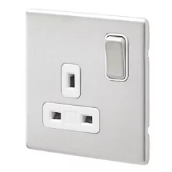 Buy ⭐ MK Aspect 13A 1-Gang DP Switched Plug Socket Brushed Stainless Steel with White Inserts 👍
