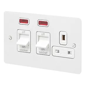 Flash Sale 🌟 MK Edge 45A 2-Gang DP Cooker Switch & 13A DP Switched Socket White with Neon with Colour-Matched Inserts ❤️ 3 Flash Sale 🌟 MK Edge 45A 2-Gang DP Cooker Switch & 13A DP Switched Socket White with Neon with Colour-Matched Inserts ❤️