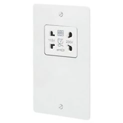 New ⌛ MK Edge 2-Gang Dual Voltage Shaver Socket 115 / 230V White with White Inserts ✨