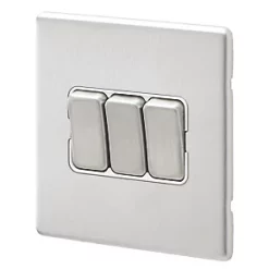 Hot Sale ✨ MK Aspect 10AX 3-Gang 2-Way Switch Brushed Stainless Steel with White Inserts ????