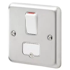 Outlet 💯 MK Albany Plus 13A Switched Fused Spur Brushed Stainless Steel with White Inserts 🧨