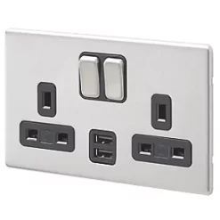 Top 10 🤩 MK Aspect 13A 2-Gang DP Switched Socket + 2A 2-Outlet Type A USB Charger Brushed Stainless Steel with Black Inserts ⌛