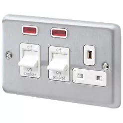 Outlet ???? MK Albany Plus 45A 2-Gang DP Cooker Switch & 13A DP Switched Socket Brushed Chrome with Neon with White Inserts ????