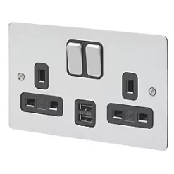 Cheapest 🔔 MK Edge 13A 2-Gang DP Switched Socket + 2A 2-Outlet Type A USB Charger Polished Chrome with Black Inserts 🌟