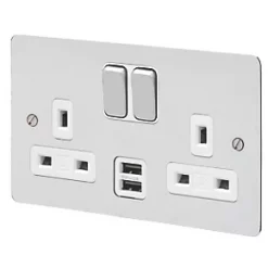 Outlet ❤️ MK Edge 13A 2-Gang DP Switched Socket + 2A 2-Outlet Type A USB Charger Polished Chrome with White Inserts 🔔