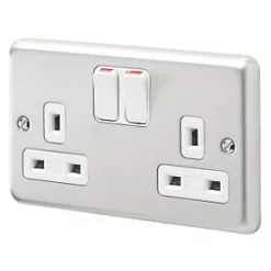 Cheap 🎉 MK Albany Plus 13A 2-Gang DP Switched Plug Socket Brushed Stainless Steel with White Inserts 🧨