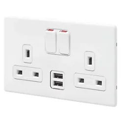 Wholesale ⭐ MK Aspect 13A 2-Gang DP Switched Socket + 2A 2-Outlet Type A USB Charger White with Colour-Matched Inserts 🧨